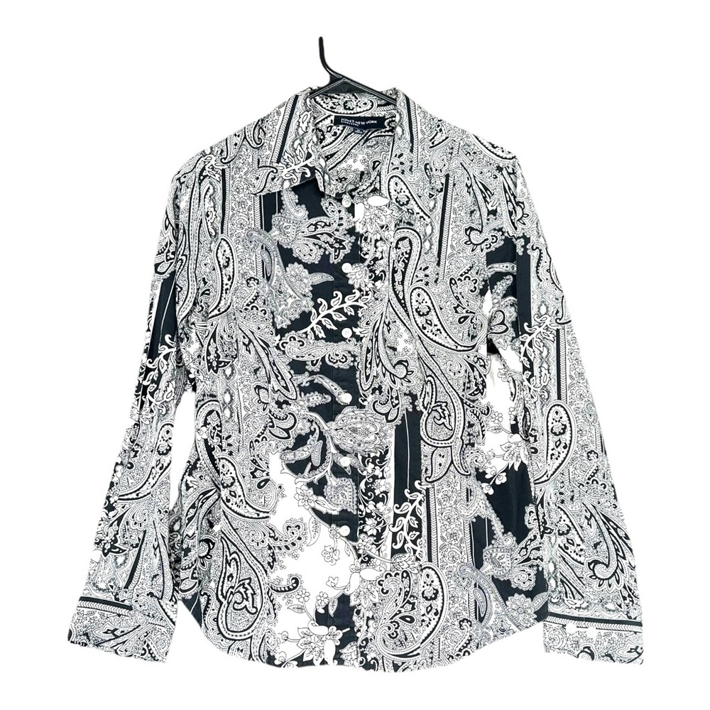 Jones New York M Medium Black White Paisley Long Sleeve Button Shirt Old Money